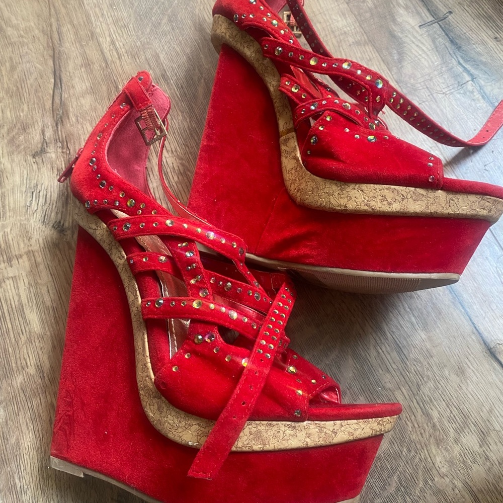 Liliana Red Studded Wedge Heels